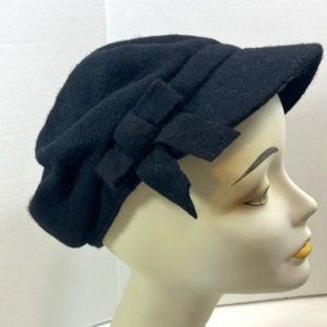 August Black Wool Cabbie Hat with Bow & Visor